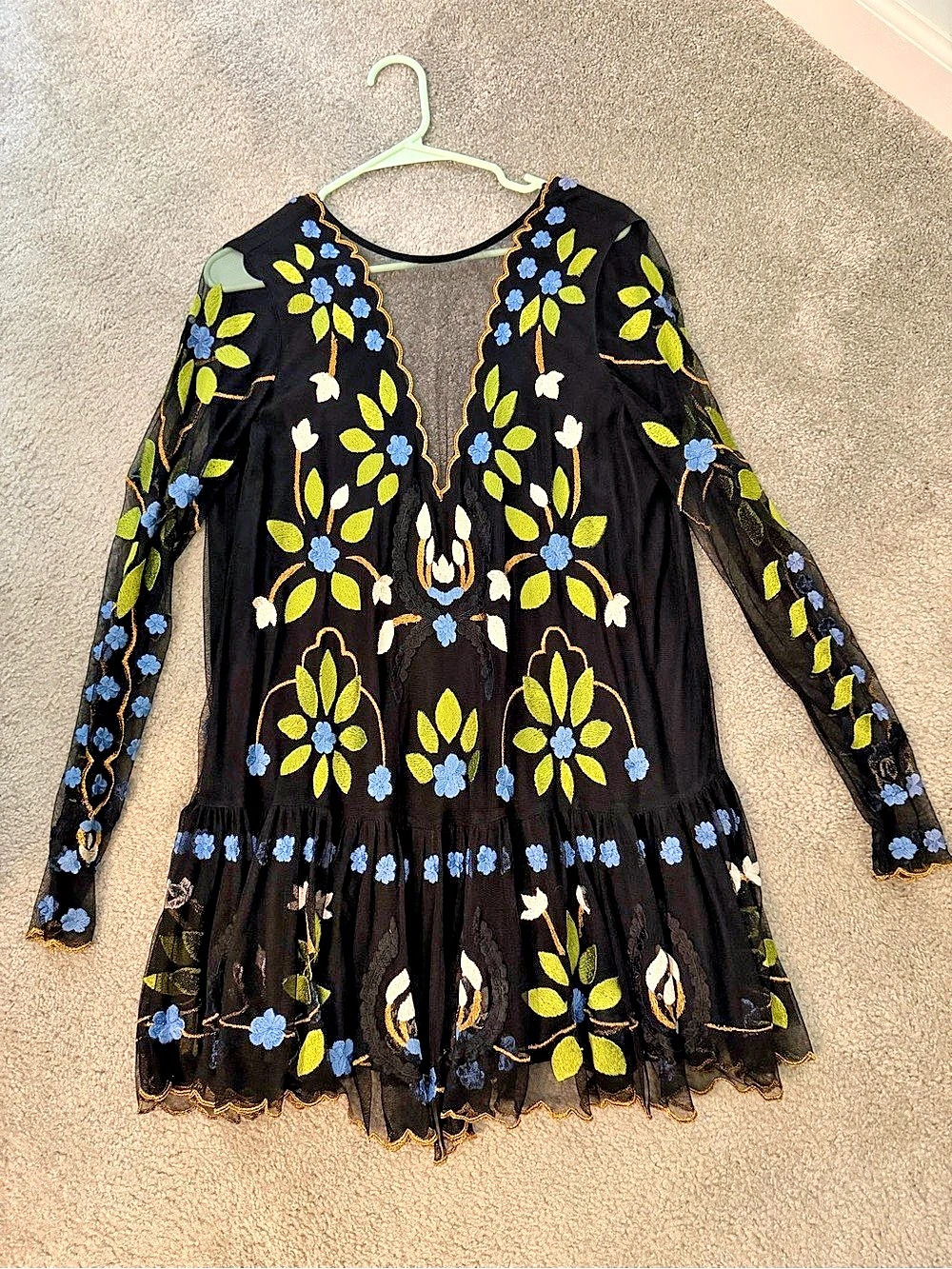 Free People Floral Embroidered Mini Dress in Black & Blue Size S